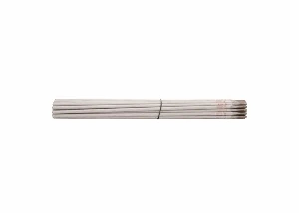 A bundle of Harris 309L 16 Stainless Stick SMAW Welding Rods (5/32 x 14, 309L670) is neatly stacked and held by a thin wire, with the coated ends resting on a plain white background. No other objects are visible.
