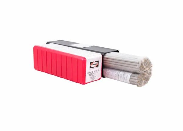 A red plastic container with a black label holds gray Harris 309L 16 Stainless Stick SMAW Welding Rods (5/32 x 14 x 10, 309L670). Two bundles, wrapped in clear plastic with white labels, are partially outside the box on the right.