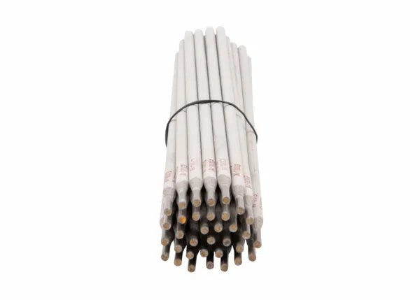 A bundle of Harris 309L 16 Stainless Stick SMAW Welding Rods (5/32 X 14 X 10, 309L670), gray and neatly stacked with a black rubber band, showing red markings by the tips on a plain white background.