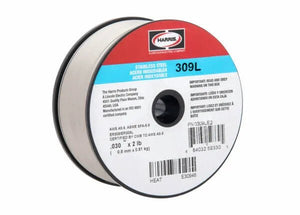 The Harris 309L Stainless MIG GMAW Welding Wire .030 x 2# Spool (0309LE2) features a neatly wound, metallic 0.030 wire with a red, blue, and white label displaying product info, barcodes, specs, and the Harris logo on top.