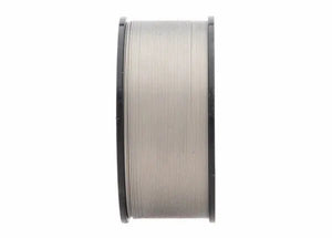 A side view of the Harris 309L Stainless MIG GMAW Welding Wire .030 x 2# Spool (0309LE2) shows tightly wound silver-gray wire on a cylindrical reel with black rims, standing out against a plain white background.