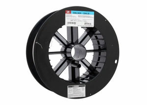 A large black plastic spool holds Harris 309LSi Stainless GMAW MIG Welding Wire .030 25# (309LSE8). It features radial spokes, a central mounting hole, and white and blue labeled stickers with text and barcodes on a white background.