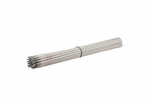 A bundle of Harris 310-16 Stainless Stick SMAW Welding Rods (1/8 X 14 X 10, 3101660) is neatly arranged and held by a black wire, showing coated cylindrical rods with exposed metallic tips on a white background.