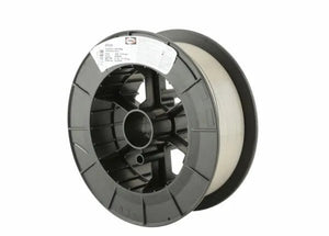 A spool of Harris 310 Stainless MIG GMAW Welding Wire .035 X 25# (00310F8) is wound around a black reel with a white technical label, set against a plain white background to emphasize the filament and reel.