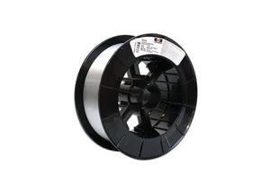 A large black plastic spool of Harris 310 Stainless MIG GMAW Welding Wire .035 x 25# (00310F8) stands upright on a plain white background with a white label attached.