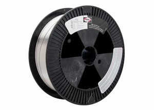 A Harris 312 Stainless MIG GMAW Welding Rod .035 X 25# SPOOL (00312F8) with metallic wire wound on a black plastic reel featuring white labels and barcodes, photographed against a plain white background.