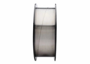 A side view of the Harris 312 Stainless MIG GMAW Welding Rod .035 X 25# SPOOL - 00312F8 shows a black-rimmed spool neatly wound with wire, resembling clear filament, set against a plain white background.