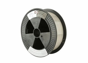 A spool of Harris 312 Stainless MIG GMAW Welding Rod (.035, 25#) with translucent filament, black circular side panels, radial grooves, and white outer-edge labels—00312F8—mimicking stainless steel welding wire packaging.