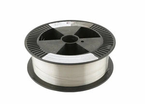 The Harris 312 Stainless MIG GMAW Welding Rod .035 X 25# SPOOL - 00312F8 features a black plastic reel wound with shiny silver wire and a central hole, set against a plain white background for clear visibility.