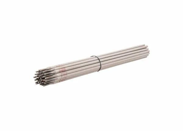 A bundle of Harris 316L 16 Stainless Stick SMAW Welding Rods (1/8 x 14, 10 lb, 316L660) is grouped together by a black elastic band on a white background. These cylindrical rods have a metallic finish, light coating, and printed markings.