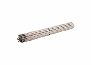 A bundle of Harris 316L 16 Stainless Stick SMAW Welding Rods (1/8 x 14, 10 lb, 316L660) is grouped together by a black elastic band on a white background. These cylindrical rods have a metallic finish, light coating, and printed markings.