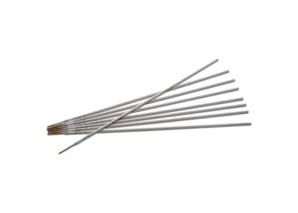 Eight Harris 316L 16 Stainless Stick SMAW Welding Rods (3/32 x 12 x 10, 316L650) are fanned out on a white background, their cylindrical gray forms straight and uniform, aligned at one end and spread outward at the other.