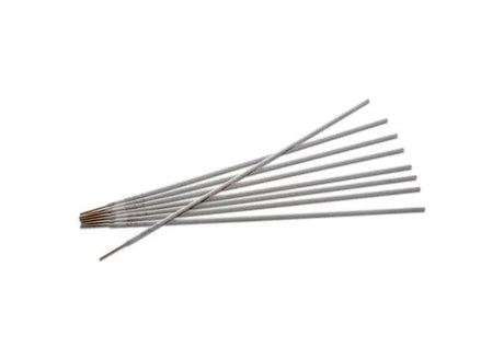 Eight Harris 316L 16 Stainless Stick SMAW Welding Rods (5/32 x 14, 316L670) are fanned out on a white background. These electrodes, with coated surfaces, are suited for welding molybdenum-bearing austenitic alloys.