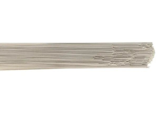 A bundle of Harris 316L Stainless TIG GTAW Welding Rods (.030 x 36, 10 lb, 316LTE0) with pointed ends. These uniform silver rods resist intergranular corrosion and are arranged together on a plain white background.