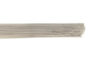 A bundle of Harris 316L Stainless TIG GTAW Welding Rods (.030 x 36, 10 lb, 316LTE0) with pointed ends. These uniform silver rods resist intergranular corrosion and are arranged together on a plain white background.