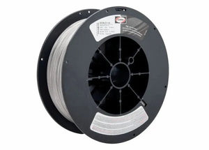 A black plastic spool of Harris 316LT1-1 Dynacore .035 Stainless Flux-Cored FCAW Welding Wire 25# (model 316LFCF8) is shown, with neatly wound wire and white/red labels displaying warnings and the brand logo.