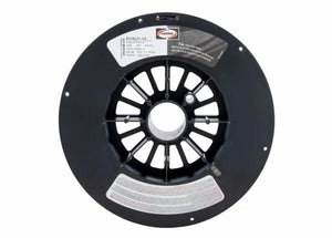 A black circular spool with radial spokes and white/red labels holds Harris 316LT1-1 Dynacore .035 Stainless Flux-Cored FCAW Welding Wire, 25# spool (316LFCF8), designed for stainless steel welding.