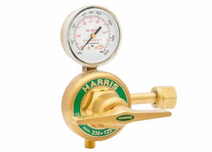 A brass Single Stage Oxygen Regulator with a pressure gauge showing psi and kPa readings and a green label marked 330-125. This high pressure oxygen regulator features a large adjustment handle and threaded connector.