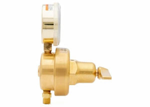 Side view of a brass single stage oxygen regulator with an attached pressure gauge and adjustment knob, typically used for controlling gas or liquid flow.