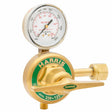 A brass Harris 330 high pressure oxygen regulator with a pressure gauge, labeled in psi and kPa, and a green and gold label reading “Harris Model 330-125.”.