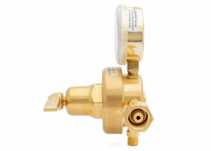 A single stage oxygen regulator for high pressure cylinders, made of brass with a pressure gauge on top and a side valve, photographed against a white background.