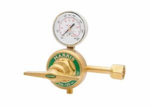 A brass oxygen regulator with a pressure gauge on top, labeled Harris. Designed for high pressure cylinders, the single stage oxygen regulator features a green circular label and displays precise pressure readings.
