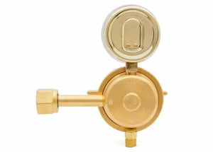 A single stage oxygen regulator for high pressure cylinders, featuring a brass body with a circular pressure gauge on top, a horizontal connector on the left, and a small nozzle at the bottom, isolated on a white background.