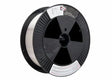 A large black plastic spool holds Harris 347 .035 Stainless MIG GMAW Welding Wire (25lb, 00347F8). The spool has a central hole, ridged edges, and white/red labels with product info and safety details on both sides.