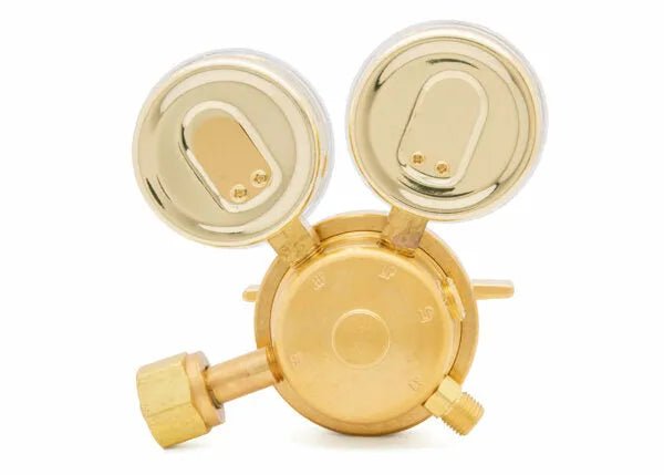 Harris 3500-125-347 Single Stage Air Regulator for welding, dual gauges, side valve, for high pressure cylinders, on white background.