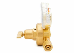 Side view of a brass high-pressure oxygen regulator with a round pressure gauge on top, nozzle with shut-off valve on the left, and threaded connector at the bottom—ideal for high-flow cylinder applications, set against a white background.