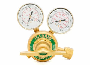 A brass Oxygen Regulator with two pressure gauges and a green HARRIS label. The device features adjustment knobs and is ideal for controlling gas flow in welding or other High-Flow Cylinder Applications.