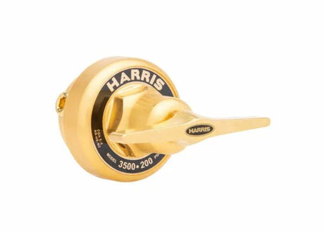 Harris 3500-200-000 single stage welding regulator with gold finish, round body, lever, 3500–200 PSI, HARRIS label.