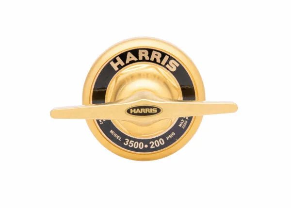 Gold Harris 3500-200-000 Single Stage Regulator for welding gas cylinders, marked HARRIS 3500-200 PRO, shown on white.