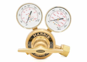 Harris 3500-200-347 Air Regulator for welding, dual gauges (psi/kPa), control knob, precise high-flow gas control tool.