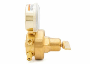 Harris 3500-200-347 Single Stage Regulator for welding, brass body, pressure gauge, valve handle, ports; white background.