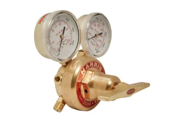 Harris 3500-200-350 Regulator for welding, features dual gauges, brass fittings, and precision HARRIS dial for gas control.