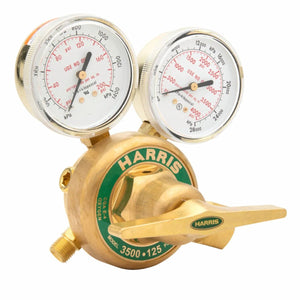 Harris 3500-200-540 high-pressure oxygen regulator with dual psi/kPa gauges, ideal for welding manifolds and cylinder applications.