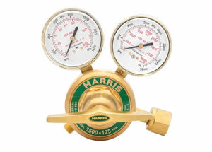 Harris 3500-200-540 oxygen regulator for welding, features dual psi/kPa gauges & control knob for high-pressure cylinder use.