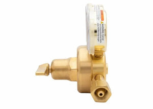 Harris 3500-200-540 Single Stage Oxygen Regulator for welding, with gauge, valve handle, and connector for manifold gas systems.