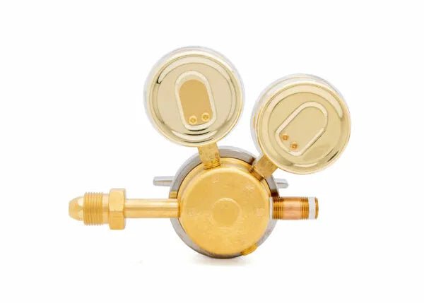 Harris 3500-400-580 gas regulator for welding, 2 gauges, 2 outlets, for Argon/Helium/Nitrogen, front view on white background.