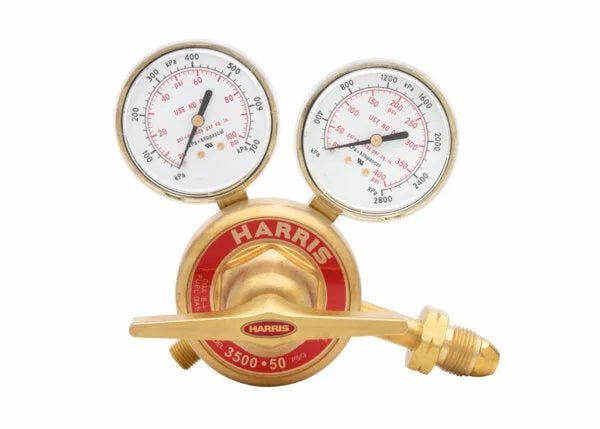 Harris 3500-50-510P brass single-stage gas regulator with dual gauges for welding, propane/propylene/MPS. HARRIS 3500, 50 PSIG.