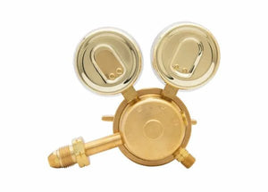 Harris 3500-50-510P regulator for welding, with two gauges and three fittings, high-flow propane/propylene; on white background.