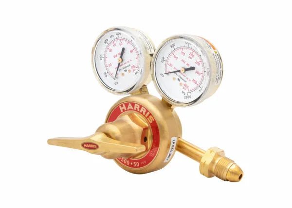 Harris 3500-50-510P high-pressure welding regulator with dual gauges, control knob, connectors for propane/propylene cylinders.