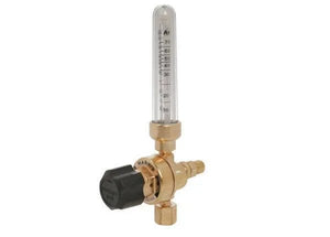 The Harris 3100333 - 351-70Ar/CD regulator is a brass pipeline flowmeter for Argon/CO₂ with a clear vertical tube marked Ar, graduated markings, left-side black adjustment knob, and brass fittings for versatile gas regulation.