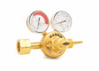 Harris 3510-125 LH Single Stage Fuel Gas Regulator for welding, dual gauges with red markings, side lever, white background.