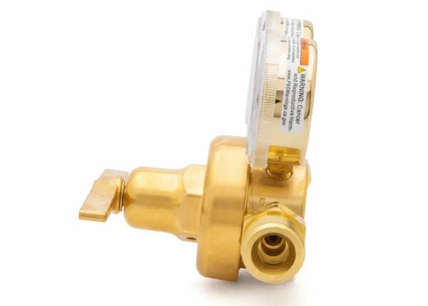 Harris 3510-125 LH Single Stage Fuel Gas Regulator for welding with gauge, lever handle, and warning label on gauge cover.