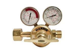 Harris 3510-125 RH gas regulator with dual pressure gauges, control knob, and connectors for welding equipment—WeldingMart.