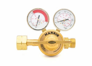 Harris 3510-200 LH single stage fuel gas regulator for welding, dual gauges with red zone, lever, high-flow manifold use.