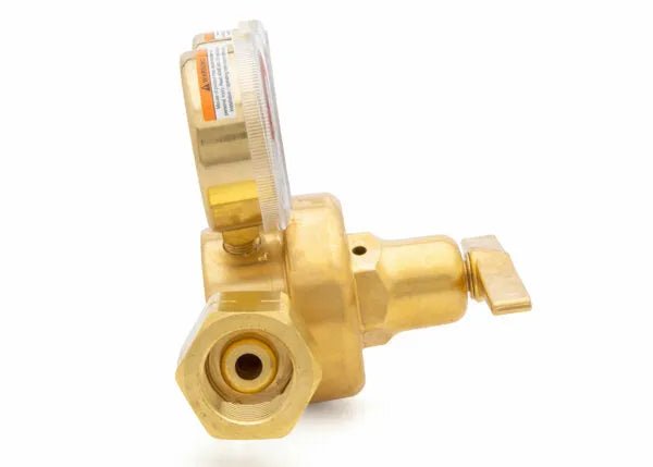 Harris 3510-200 LH Fuel Gas Regulator 3003551 for welding, with gauge, valve handle, and threaded end, on white background.