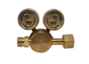 Harris 3510-200 RH Single Stage Gas Regulator 3003550 with brass valve, dual gauges for welding, pictured on white background.